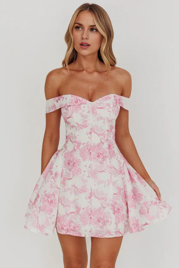 Casual Foldover Neck Off-Shoulder Floral Pink Mini Homecoming Dress
