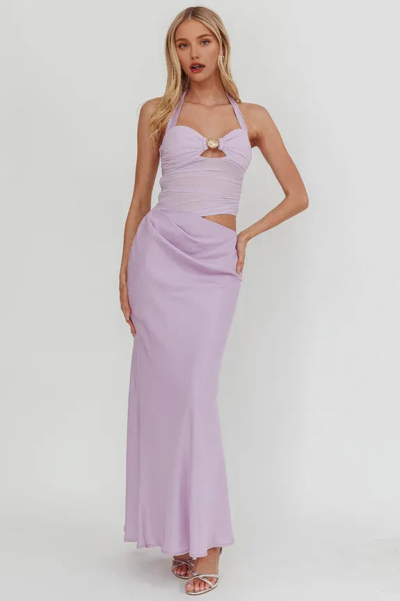 Casual Halter Buckle Keyhole Hollowing Lilac Maxi Prom Dress