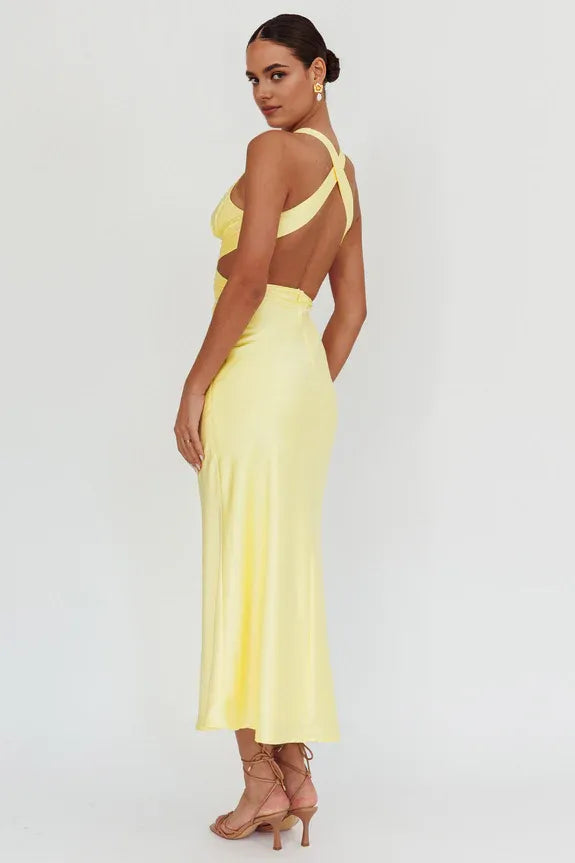 Casual Halter Crossover Cut-Out Lemon Maxi Homecoming Dress Prom Dress