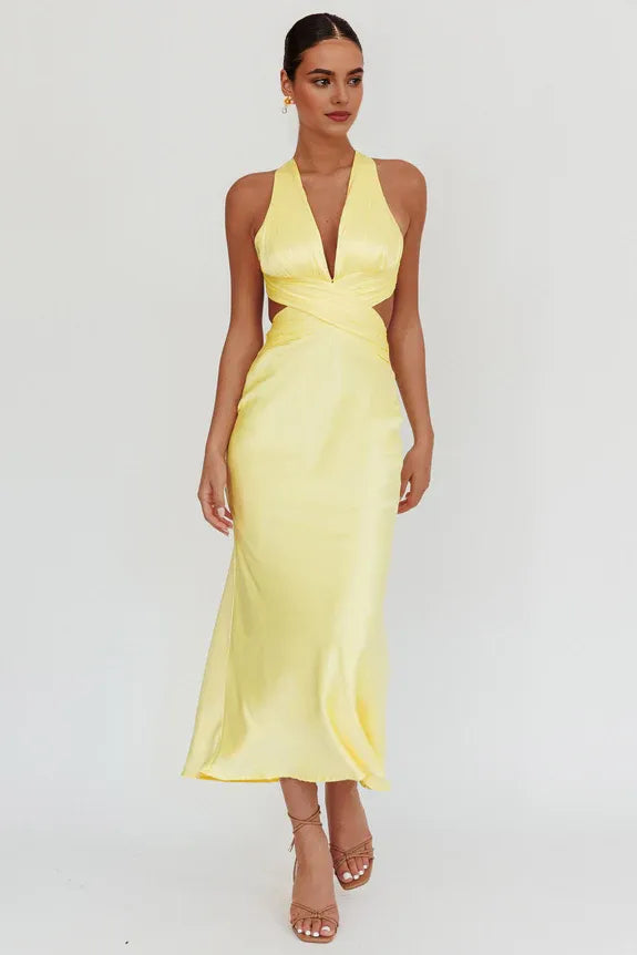 Casual Halter Crossover Cut-Out Lemon Maxi Homecoming Dress Prom Dress