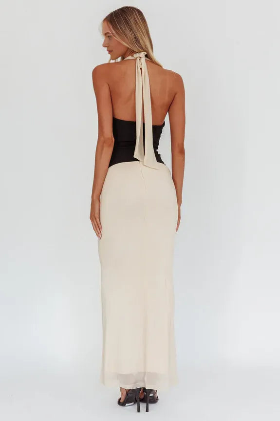 Casual Halter Deep V Neck Contrast Cream Maxi Homecoming Dress Prom Dress