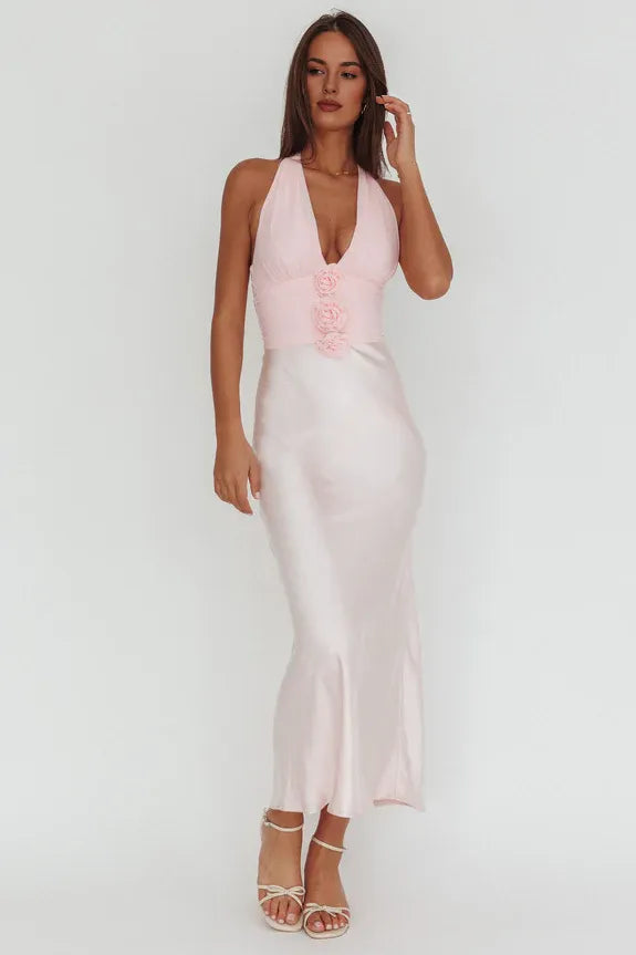 Casual Halter Neck 3D Rosette Bust Pink Maxi Evening Dress Party Dress