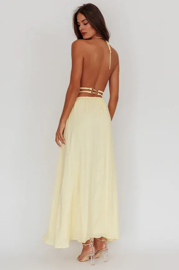 Casual Halter Neck Open Back Cut-out Light Yellow Maxi Evening Dress