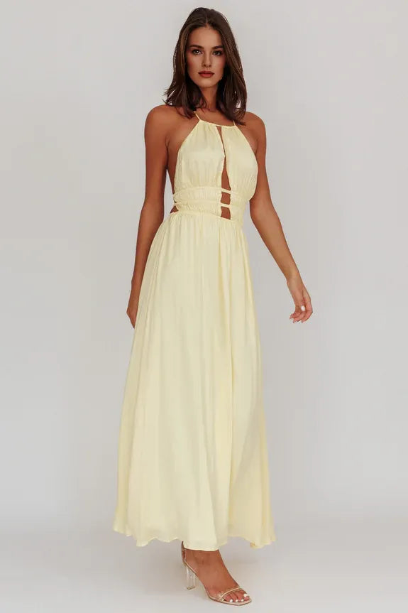 Casual Halter Neck Open Back Cut-out Light Yellow Maxi Evening Dress