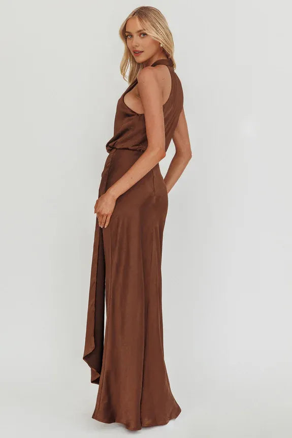 Casual Halter Neck Pleated Draped Sash Chocolate Maxi Prom Dress
