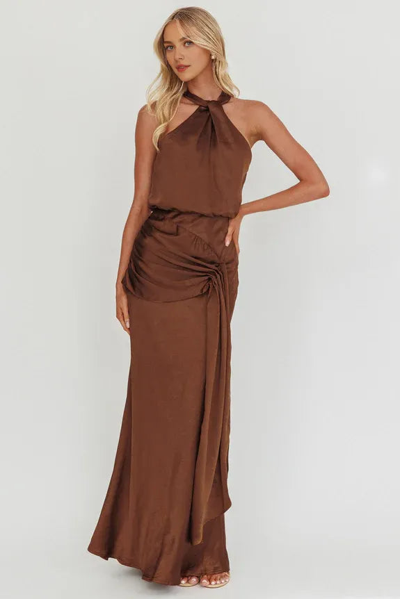 Casual Halter Neck Pleated Draped Sash Chocolate Maxi Prom Dress