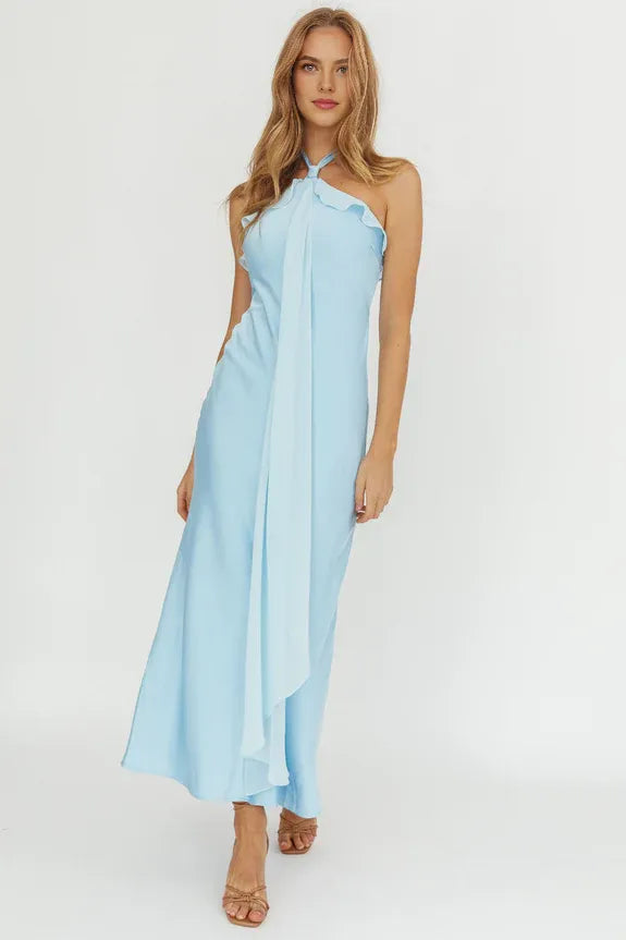 Casual Halter Neck Ruffle Sash Baby Blue Maxi Homecoming Dress Prom Dress