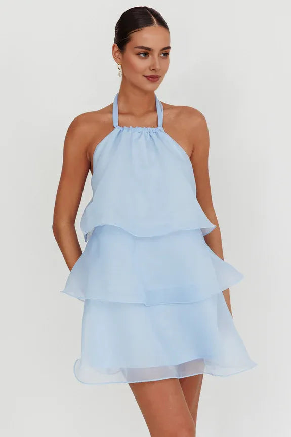 Casual Halter Neck Ruffle Tiered Open Back Baby Blue Mini Homecoming Dress