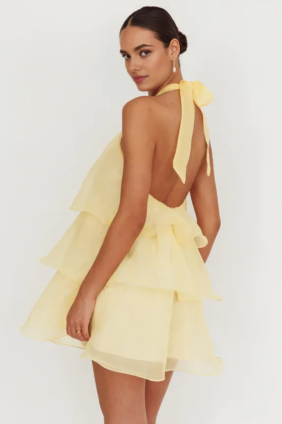 Casual Halter Neck Ruffle Tiered Open Back Lemon Mini Homecoming Dress