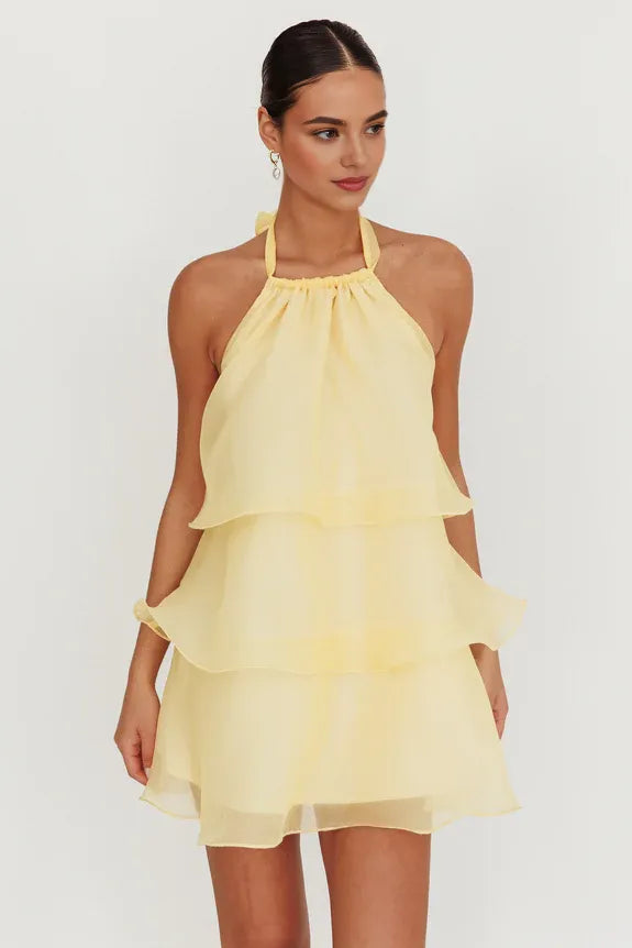 Casual Halter Neck Ruffle Tiered Open Back Lemon Mini Homecoming Dress