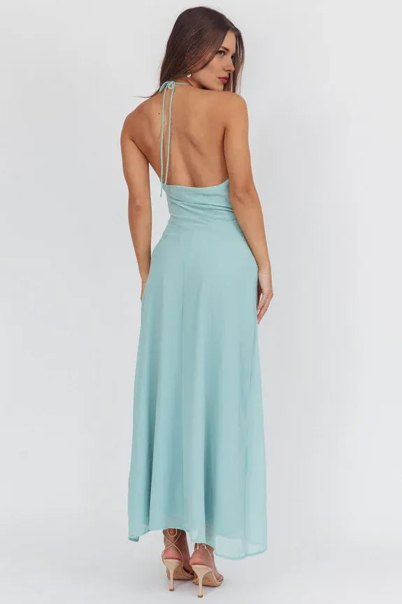 Casual Halter Neck Sleeveless 3D Flowers Open Back Sage Maxi Prom Dress