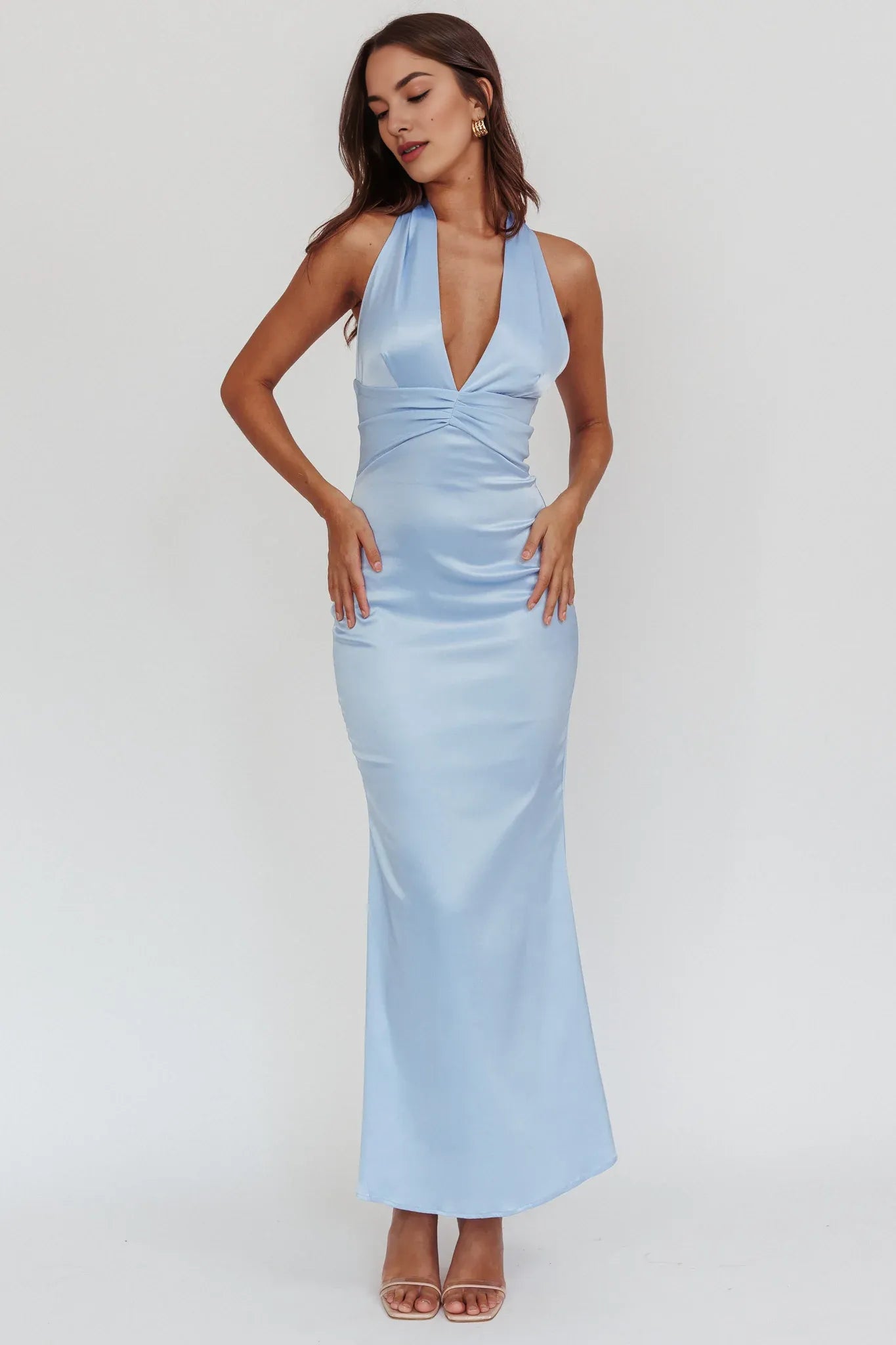 Casual Halter Neck Tie Pleated Bodice Satin Wine Maxi Evening Dress