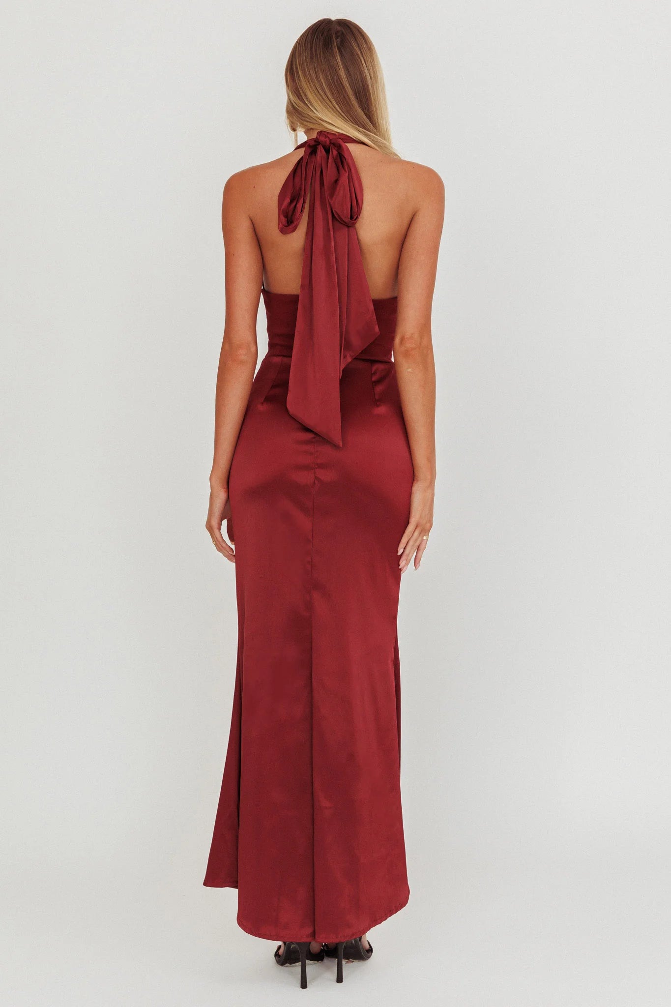 Casual Halter Neck Tie Pleated Bodice Satin Wine Maxi Evening Dress