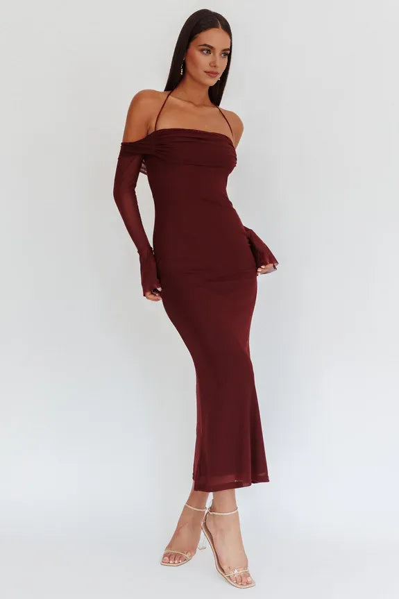 Casual Halter Off-Shoulder Long Sleeve Chocolate Maxi Homecoming Dress Prom Dress