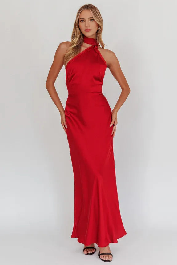 Casual Halter One-Shoulder Red Maxi Homecoming Dress Prom Dress Hot Sale