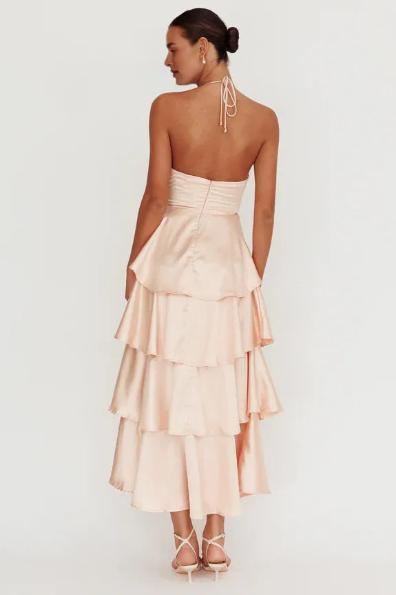 Casual Halter V Neck Tiered Ruffle Rosette Peach Maxi Evening Dress