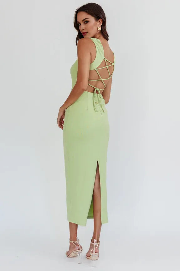Casual Lace-Up Back Keyhole Matcha Midi Evening Dress With Slit
