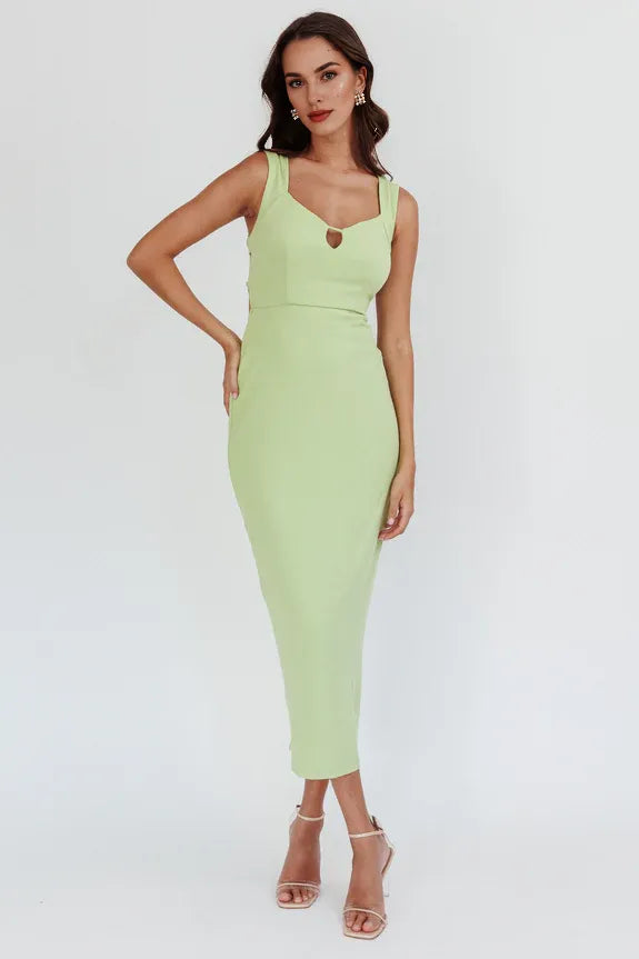 Casual Lace-Up Back Keyhole Matcha Midi Evening Dress With Slit