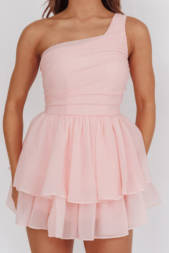 Casual Lovely One-Shoulder Layered Ruffles Pink Mini Homecoming Dress