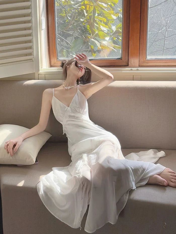 Casual Mermaid Spaghetti Straps Beaded White Long Evening Dress Prom Dress