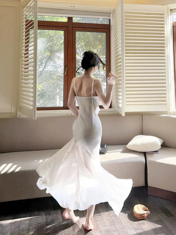 Casual Mermaid Spaghetti Straps Beaded White Long Evening Dress Prom Dress