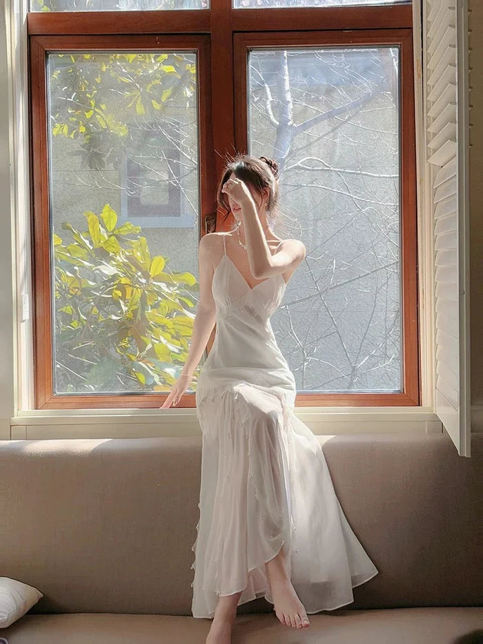 Casual Mermaid Spaghetti Straps Beaded White Long Evening Dress Prom Dress