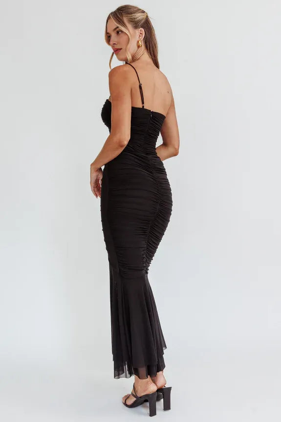 Casual Mermaid One Shoulder Ruched Black Maxi Evening Dress For Women
