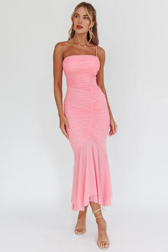 Casual Mermaid One Shoulder Ruched Pink Maxi Evening Dress For Women