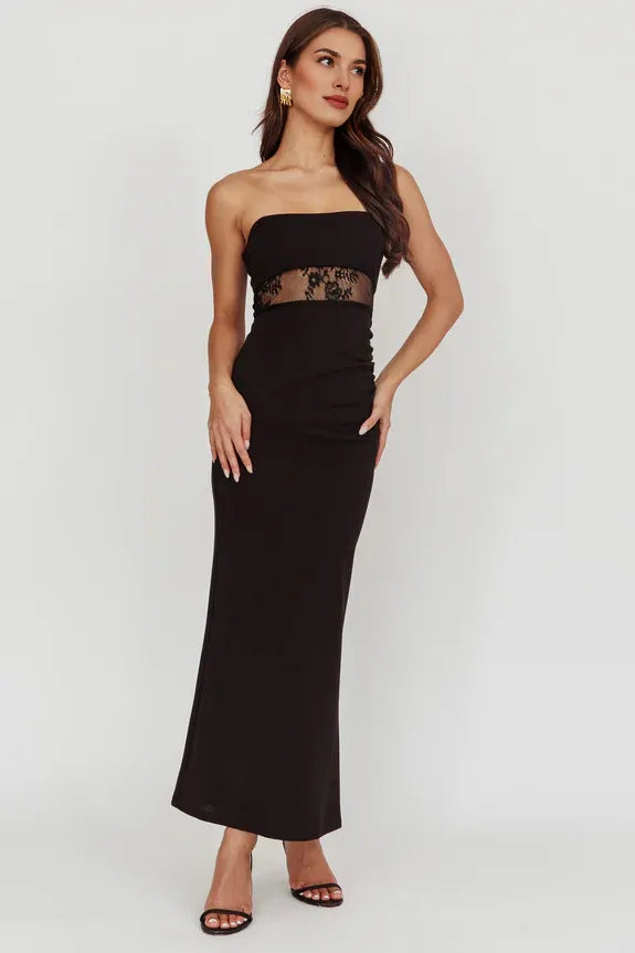 Casual Mermaid Strapless Lace Waist Panel Black Maxi Evening Dress For Women