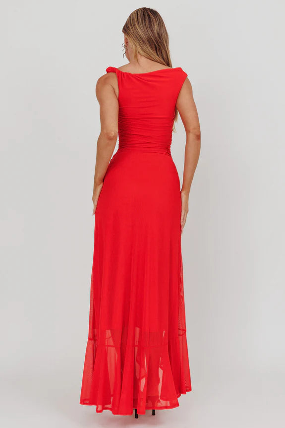 Casual Off-Shoulder Asymmetric Neckline Red Maxi Homecoming Dress Prom Dress