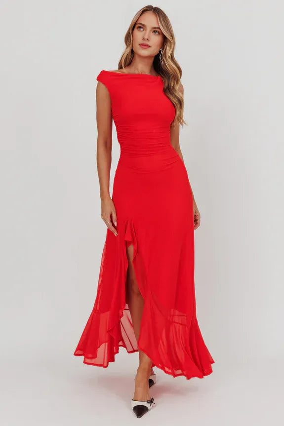 Casual Off-Shoulder Asymmetric Neckline Red Maxi Homecoming Dress Prom Dress