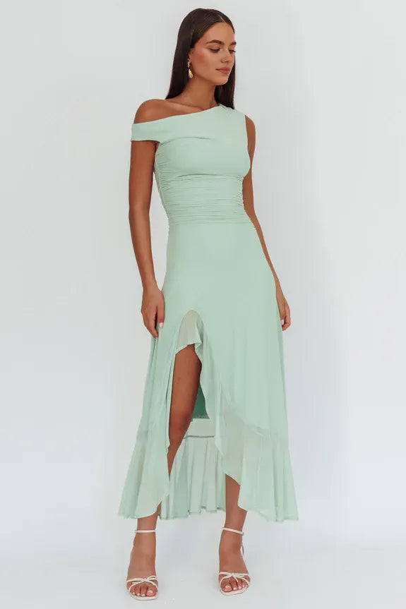 Casual Off-Shoulder Asymmetric Neckline Sage Maxi Homecoming Dress Prom Dress
