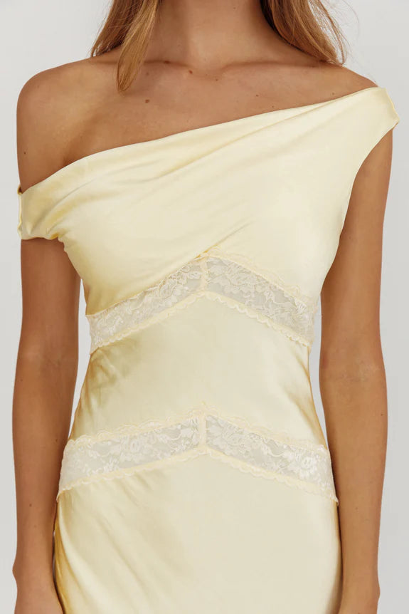 Casual Off-Shoulder Lace Trim Butter Maxi Homecoming Dress Prom Dress