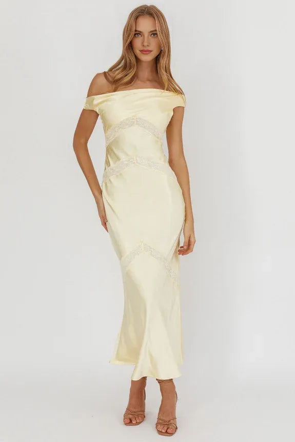 Casual Off-Shoulder Lace Trim Butter Maxi Homecoming Dress Prom Dress ...