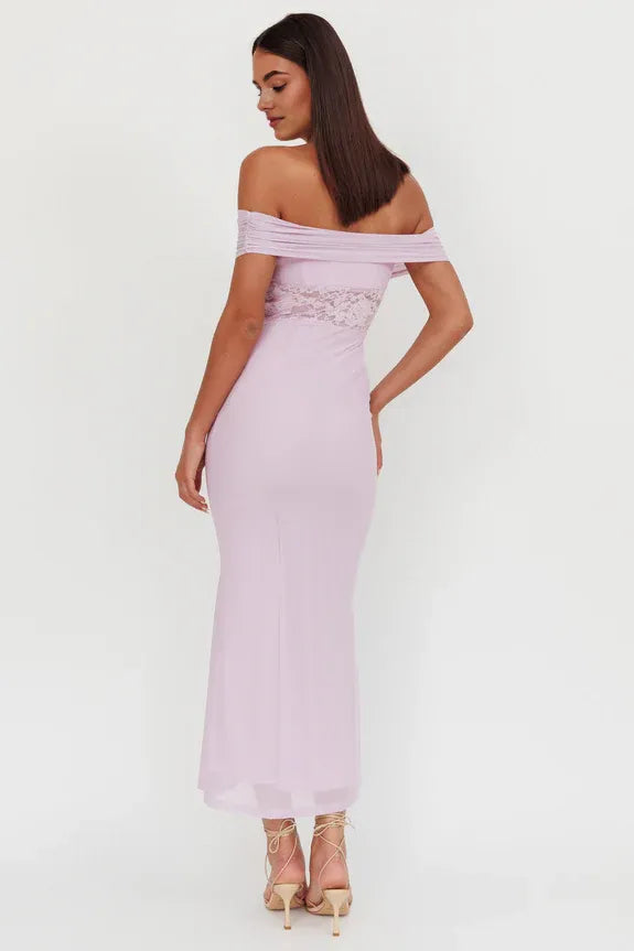 Casual Off-Shoulder Short Sleeves Lace Insert Lilac Maxi Homecoming Dress