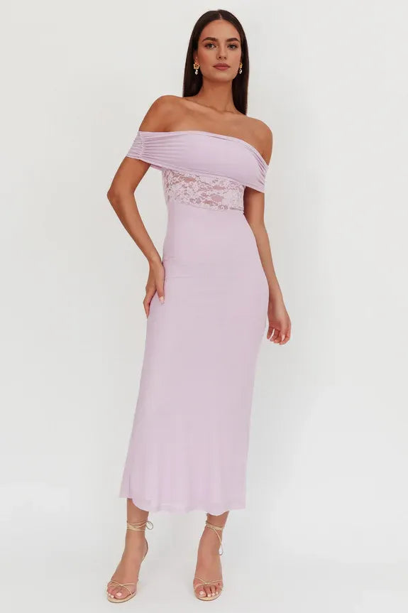 Casual Off-Shoulder Short Sleeves Lace Insert Lilac Maxi Homecoming Dress