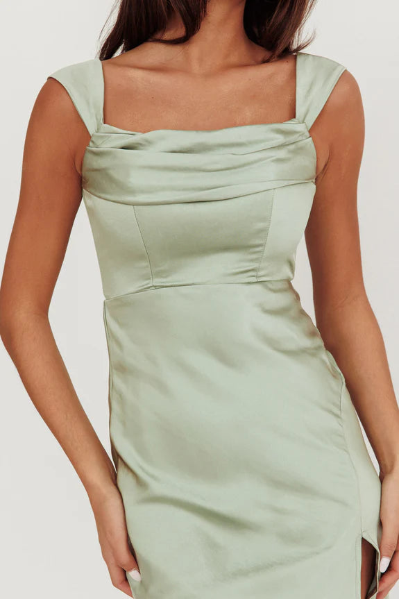 Casual Off-Shoulder V-Back Slit Satin Sage Maxi Homecoming Dress Prom Dress