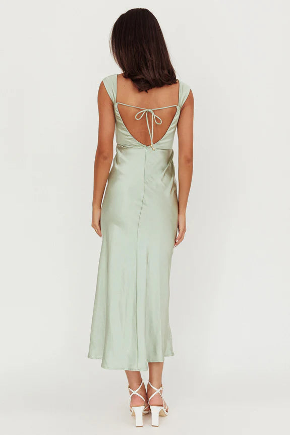 Casual Off-Shoulder V-Back Slit Satin Sage Maxi Homecoming Dress Prom Dress