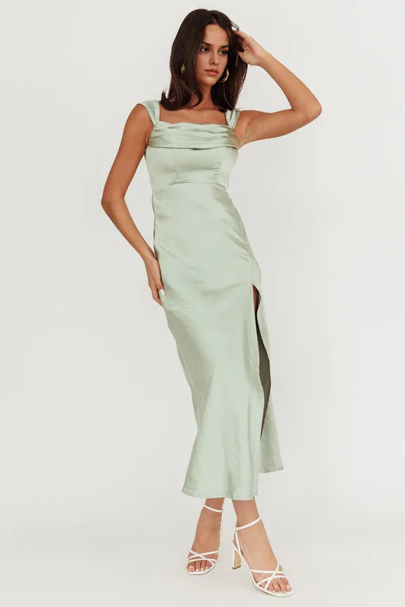 Casual Off-Shoulder V-Back Slit Satin Sage Maxi Homecoming Dress Prom Dress