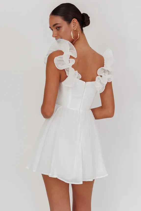 Casual Off-shoulder Ruffle Neckline Sleeveless White Mini Homecoming Dress