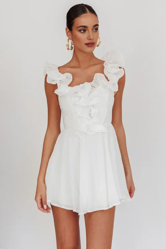Casual Off-shoulder Ruffle Neckline Sleeveless White Mini Homecoming Dress