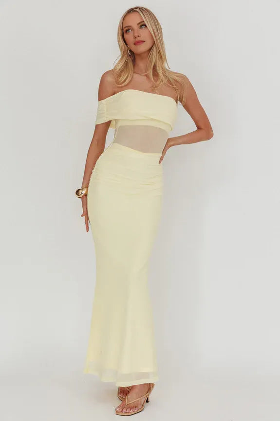 Casual One-Shoulder Gathering Sheer Waist Yellow Maxi Prom Dress