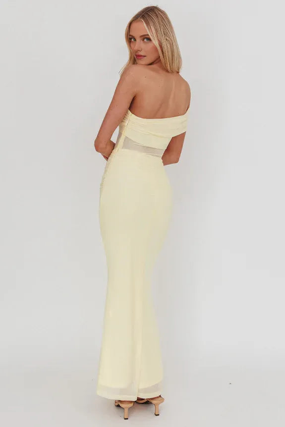 Casual One-Shoulder Gathering Sheer Waist Yellow Maxi Prom Dress
