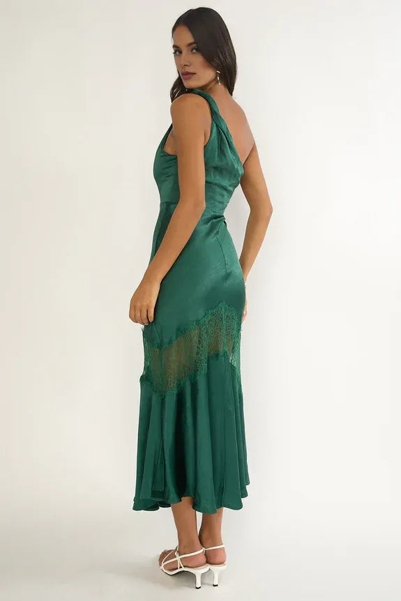 Casual One-Shoulder Lace Trim Forest Green Maxi Evening Dress For Sale