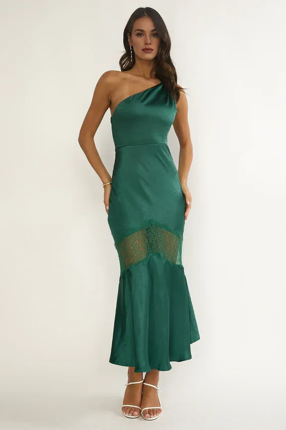 Casual One-Shoulder Lace Trim Forest Green Maxi Evening Dress For Sale