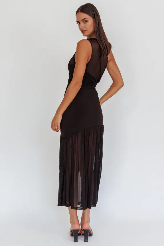 Casual One-Shoulder Mesh Black Maxi Homecoming Dress Prom Dress