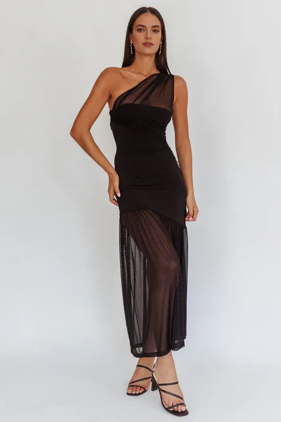 Casual One-Shoulder Mesh Black Maxi Homecoming Dress Prom Dress