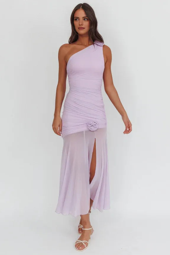Casual One-Shoulder Rosette Pleated Sheer Slit Hem Lilac Maxi Prom Dress