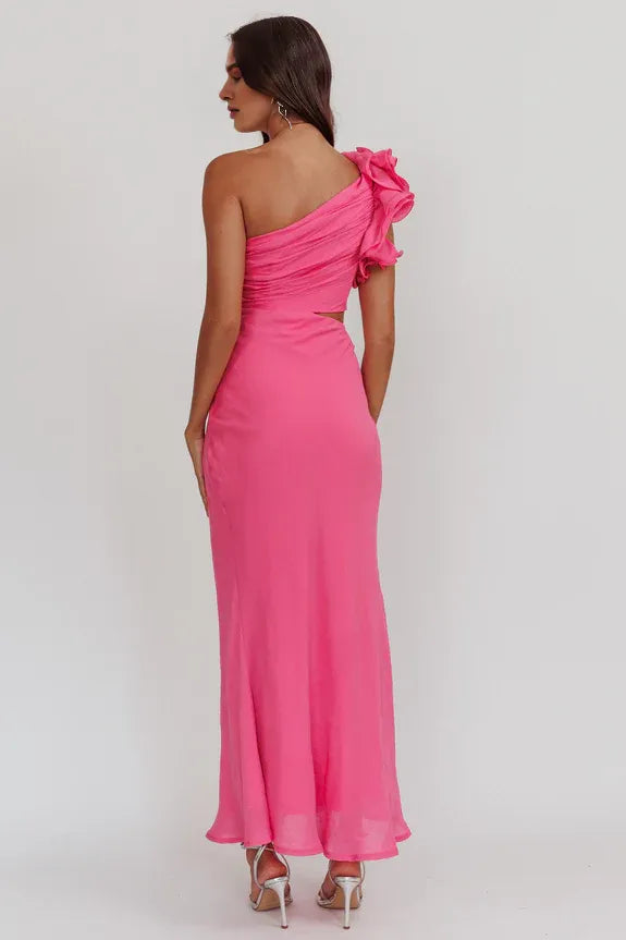 Casual One-Shoulder Ruffle Cut-out Hot Pink Maxi Evening Dress Prom Dress