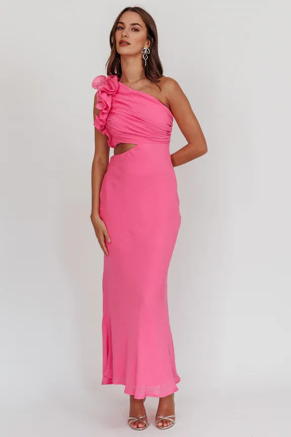 Casual One-Shoulder Ruffle Cut-out Hot Pink Maxi Evening Dress Prom Dress
